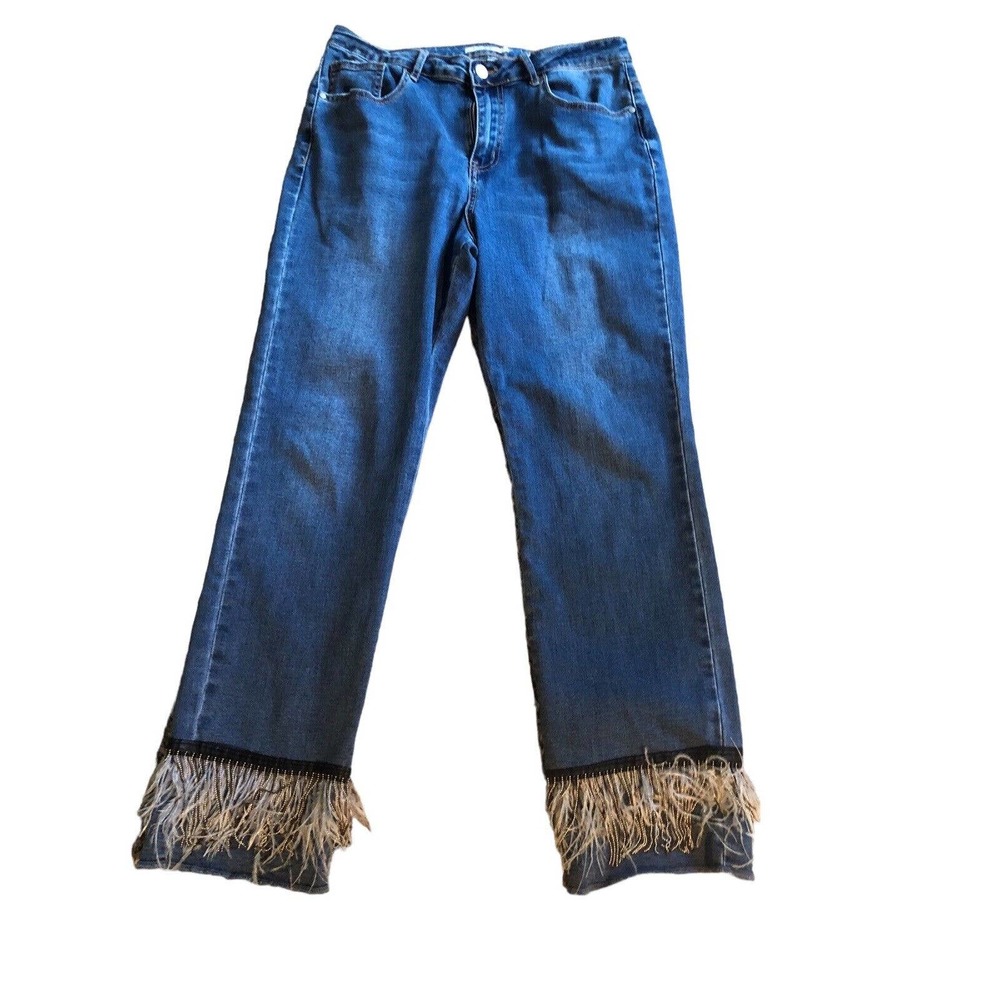 LUXE MODA Chic Embellished Denim High Rise Straight Size 10 Med Wash Unique Jean